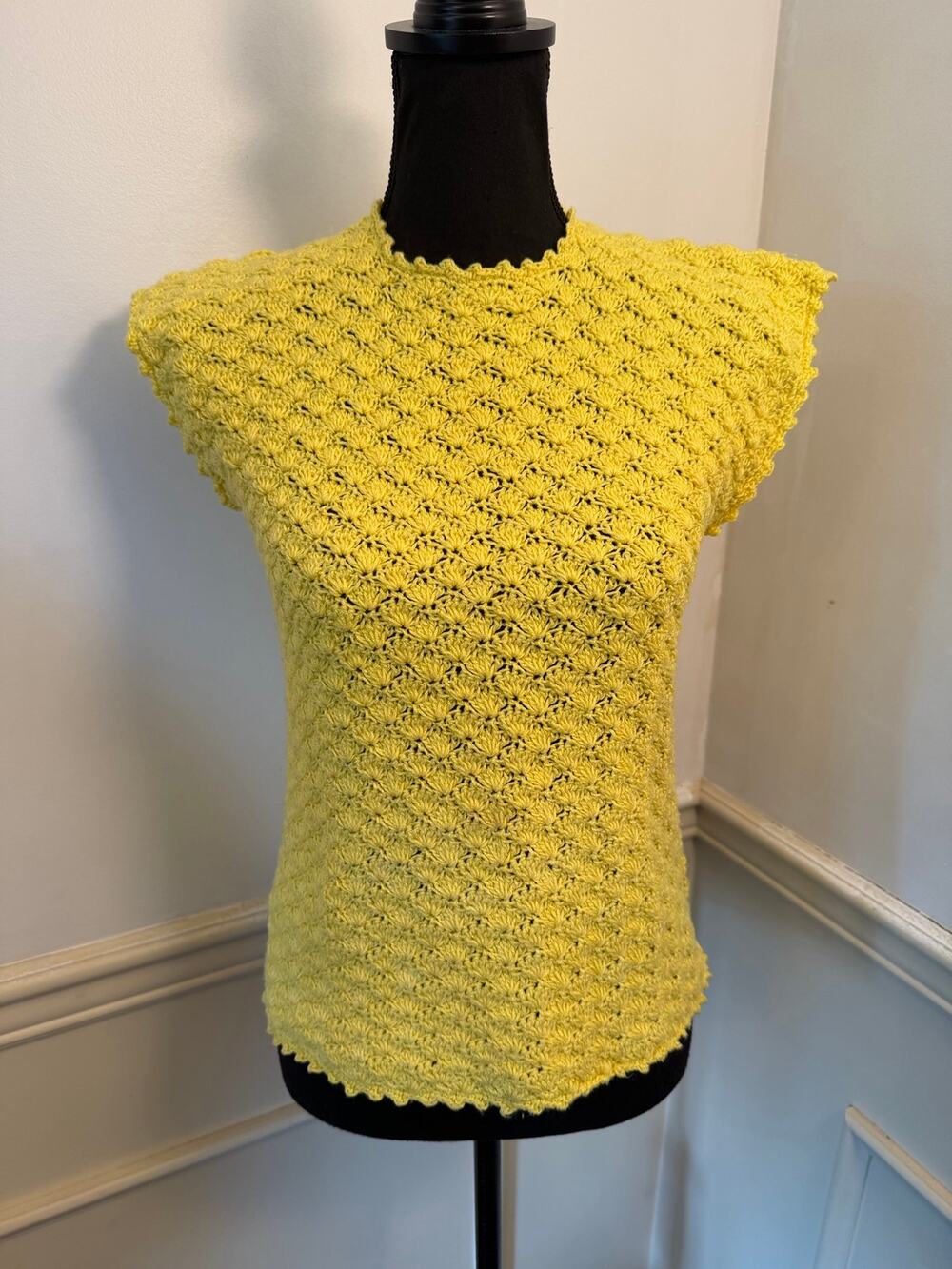 Vintage Style Sunshine Yellow Crochet Shell Stitch Top Handmade Retro Cottage